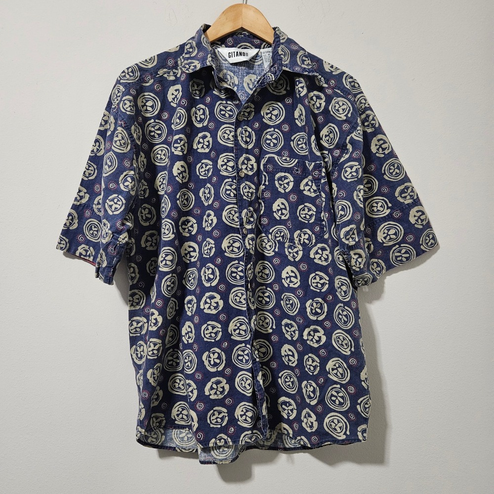 Vintage Gitano Mens Blue Geometric Spiral Print Cotton Short Sleeve Shirt Medium